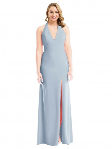 Compre Azul cielo claro Trompeta Halter Crepé Elástico Largo Vestidos de dama de honor / Vestidos de fiesta