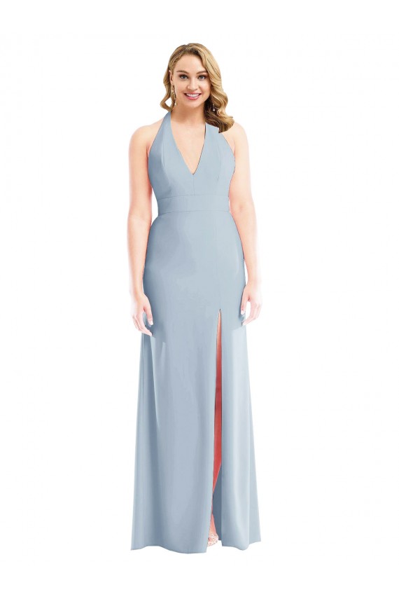 Compre Azul cielo claro Trompeta Halter Crepé Elástico Largo Vestidos de dama de honor / Vestidos de fiesta