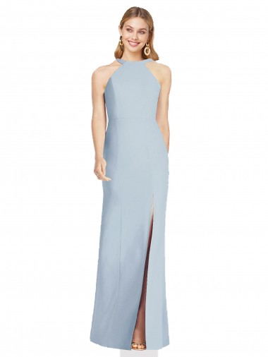 Compre Azul cielo claro Trompeta Halter Cuello Alto Crepé Elástico Largo Formales Vestidos de dama de honor / Vestidos de noche