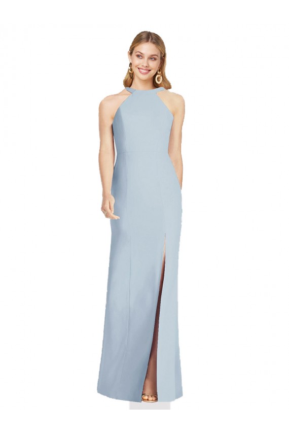 Compre Azul cielo claro Trompeta Halter Cuello Alto Crepé Elástico Largo Formales Vestidos de dama de honor / Vestidos de noche