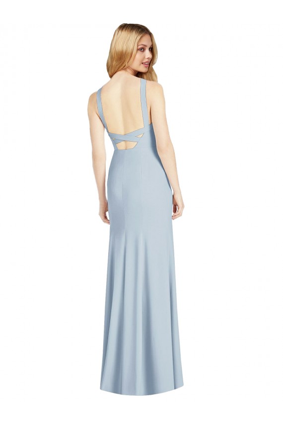 Compre Azul cielo claro Trompeta Halter Cuello Alto Crepé Elástico Largo Formales Vestidos de dama de honor / Vestidos de noche
