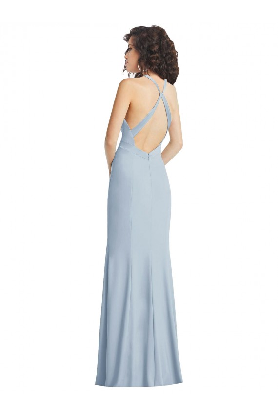 Compre Azul cielo claro Trompeta Halter Cuello Alto Crepé Elástico Largo Formales Vestidos de dama de honor / Vestidos de fiesta