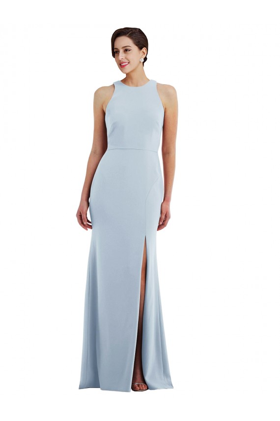 Compre Azul cielo claro Trompeta Halter Cuello joya Crepé Elástico Largo Formales Vestidos de dama de honor / Vestidos de fiesta