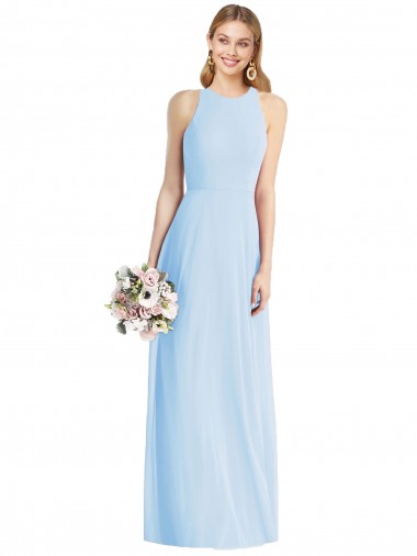 Compre Azul cielo claro Trompeta Halter Gasa Largo Vestidos de dama de honor