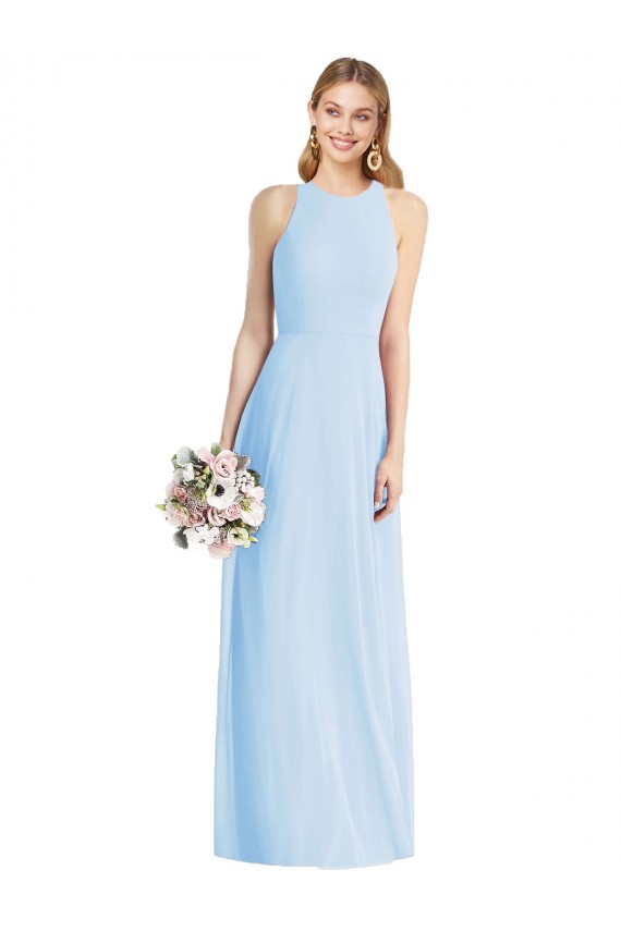 Compre Azul cielo claro Trompeta Halter Gasa Largo Vestidos de dama de honor