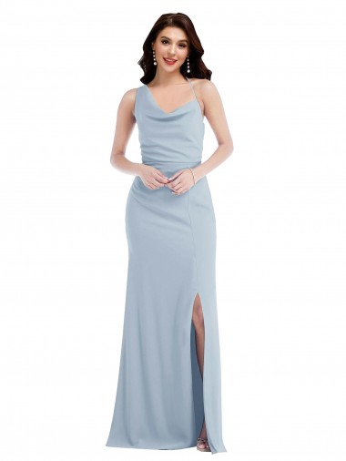 Compre Azul cielo claro Trompeta Un Hombre Crepé Elástico Largo Vestidos de dama de honor / Vestidos de fiesta