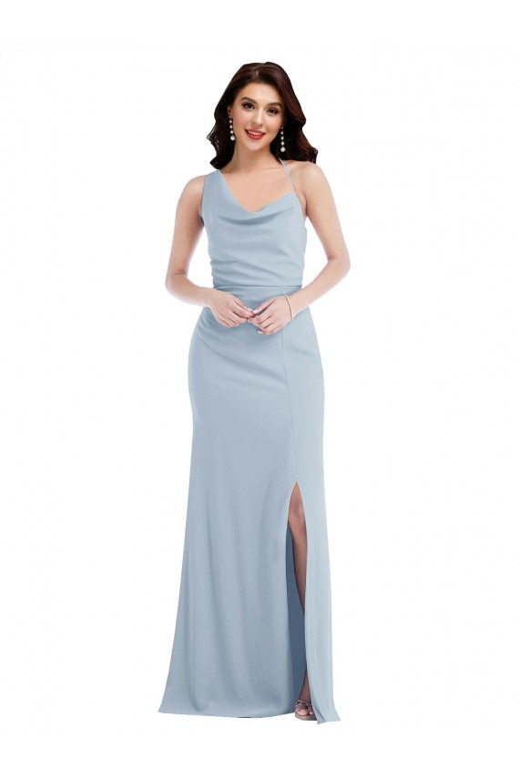 Compre Azul cielo claro Trompeta Un Hombre Crepé Elástico Largo Vestidos de dama de honor / Vestidos de fiesta