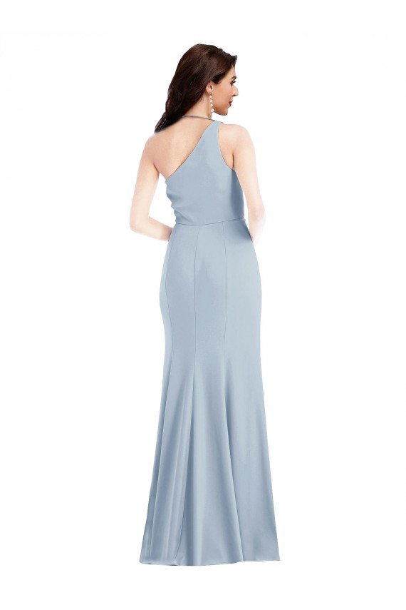 Compre Azul cielo claro Trompeta Un Hombre Crepé Elástico Largo Vestidos de dama de honor / Vestidos de fiesta