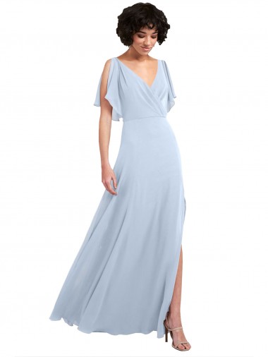 Compre Azul cielo claro línea A Cuello en V Gasa Largo Vestidos de dama de honor