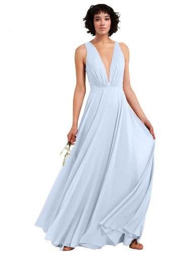 Compre Azul cielo claro línea A Cuello en V Gasa Largo Vestidos de dama de honor