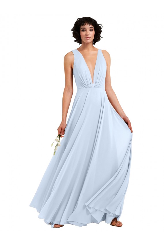 Compre Azul cielo claro línea A Cuello en V Gasa Largo Vestidos de dama de honor