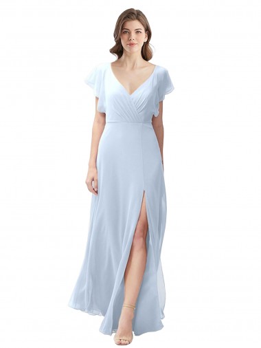 Compre Azul cielo claro línea A Cuello en V Gasa Largo Vestidos de dama de honor