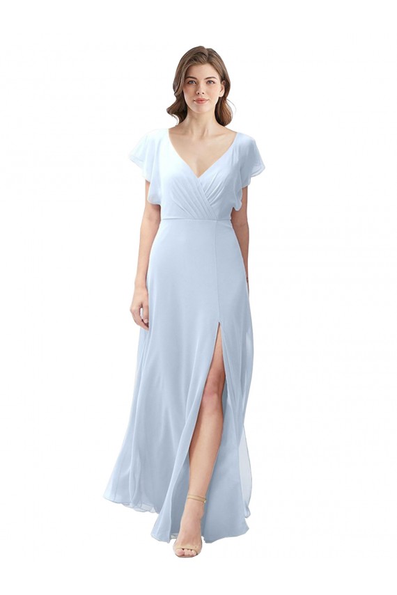 Compre Azul cielo claro línea A Cuello en V Gasa Largo Vestidos de dama de honor