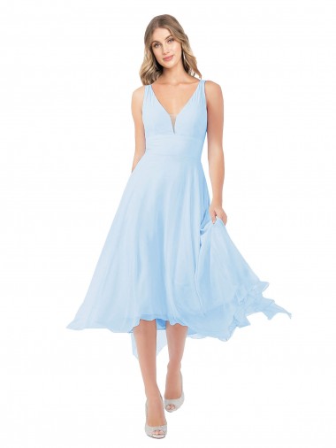 Compre Azul cielo claro línea A Cuello en V Midi Gasa Corto Vestidos de dama de honor / Vestidos de cóctel