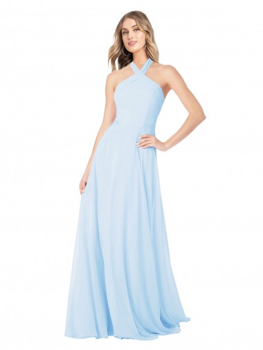 Compre Azul cielo claro línea A Halter Cuello Alto Gasa Largo Vestidos de dama de honor