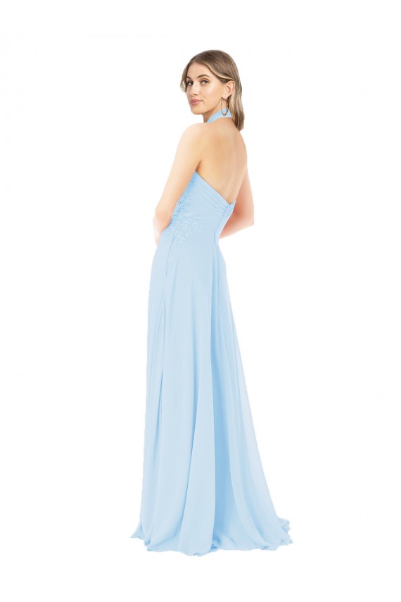 Compre Azul cielo claro línea A Halter Cuello Alto Gasa Largo Vestidos de dama de honor