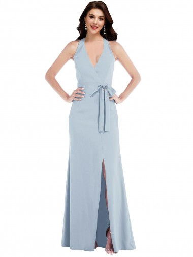 Compre Azul cielo claro línea A Halter Cuello en V Crepé Elástico Largo Formales Vestidos de dama de honor / Vestidos de fiesta