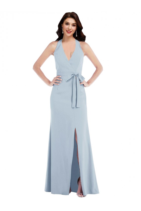 Compre Azul cielo claro línea A Halter Cuello en V Crepé Elástico Largo Formales Vestidos de dama de honor / Vestidos de fiesta