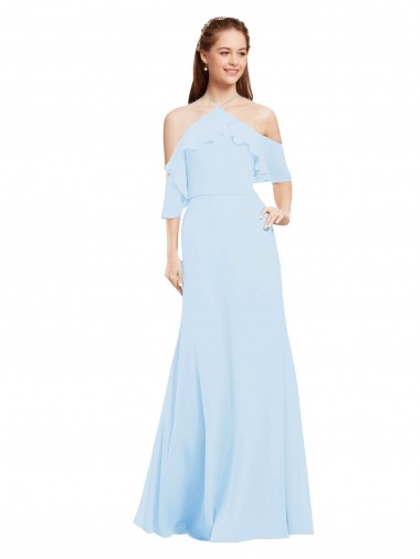 Compre Azul cielo claro línea A Halter Gasa Largo Vestidos de dama de honor