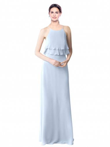 Compre Azul cielo claro línea A Halter Gasa Largo Vestidos de dama de honor