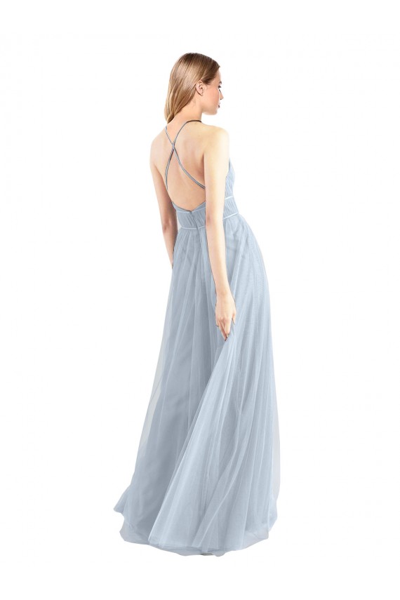 Compre Azul cielo claro línea A Halter Tul Largo Vestidos de dama de honor