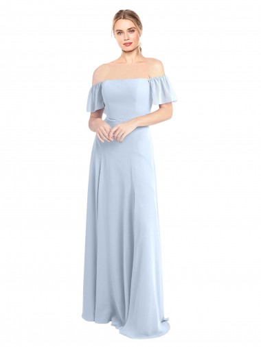 Compre Azul cielo claro línea A Hombros Descubiertos Cuadrado Gasa Largo Vestidos de dama de honor