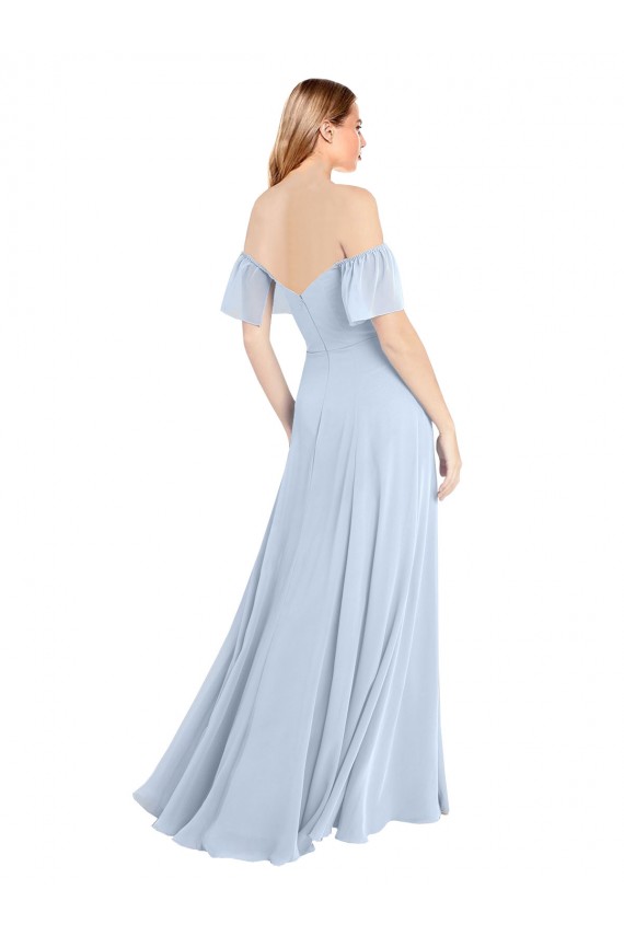 Compre Azul cielo claro línea A Hombros Descubiertos Cuadrado Gasa Largo Vestidos de dama de honor