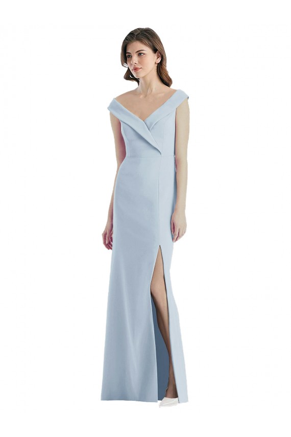 Compre Azul cielo claro línea A Hombros Descubiertos Cuello en V Crepé Elástico Largo Vestidos de dama de honor