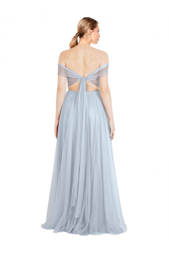 Compre Azul cielo claro línea A Hombros Descubiertos Tul Largo Vestidos de dama de honor