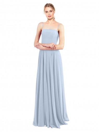 Compre Azul cielo claro línea A Tirantes espagueti Cuadrado Gasa Largo Vestidos de dama de honor