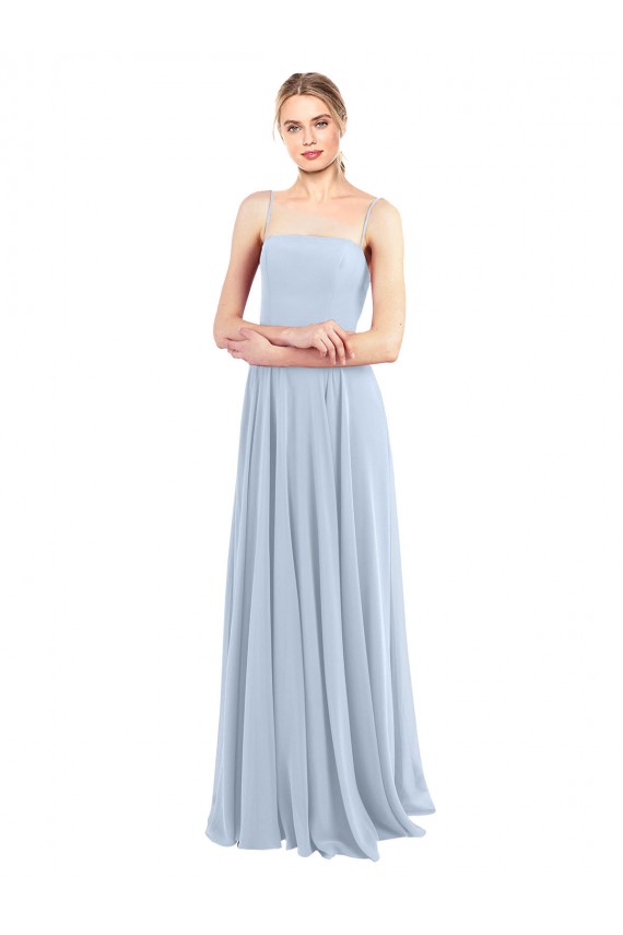 Compre Azul cielo claro línea A Tirantes espagueti Cuadrado Gasa Largo Vestidos de dama de honor