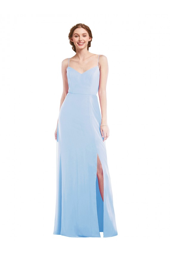 Compre Azul cielo claro línea A Tirantes espagueti Cuello en V Gasa Largo Formales Vestidos de dama de honor / Vestidos de noche