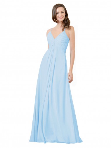 Compre Azul cielo claro línea A Tirantes espagueti Cuello en V Gasa Largo Vestidos de dama de honor