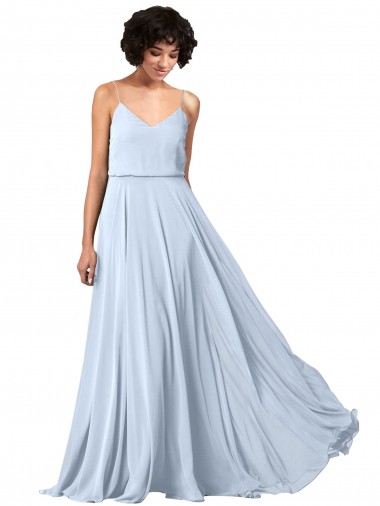 Compre Azul cielo claro línea A Tirantes espagueti Cuello en V Gasa Largo Vestidos de dama de honor