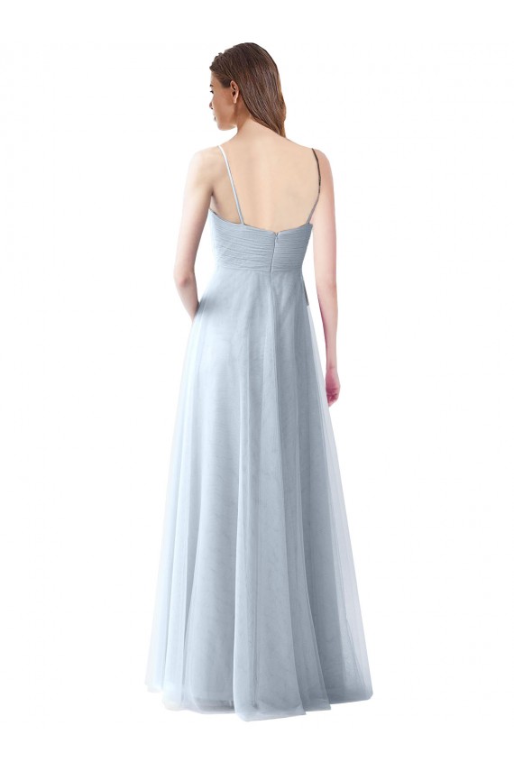 Compre Azul cielo claro línea A Tirantes espagueti Cuello en V Tul Largo Vestidos de dama de honor