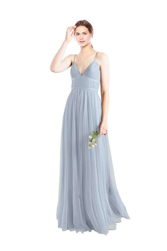 Compre Azul cielo claro línea A Tirantes espagueti Cuello en V Tul Largo Vestidos de dama de honor