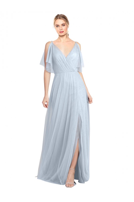 Compre Azul cielo claro línea A Tirantes espagueti Cuello en V Tul Largo Vestidos de dama de honor
