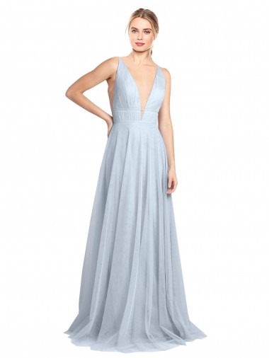 Compre Azul cielo claro línea A Tirantes espagueti Cuello en V Tul Largo Vestidos de dama de honor