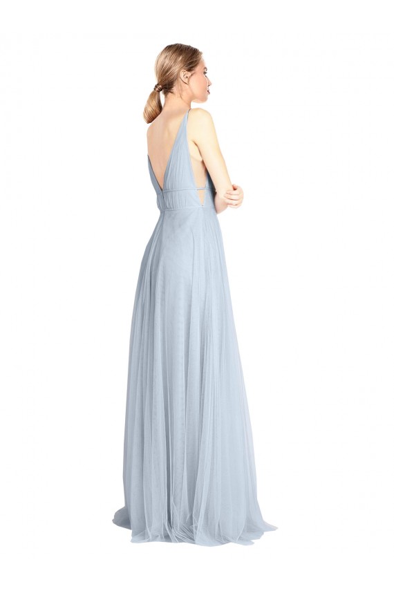 Compre Azul cielo claro línea A Tirantes espagueti Cuello en V Tul Largo Vestidos de dama de honor