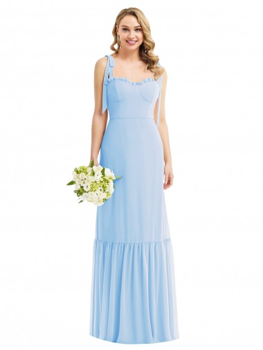 Compre Azul cielo claro línea A Tirantes espagueti Gasa Largo Vestidos de dama de honor