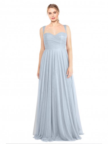 Compre Azul cielo claro línea A Tirantes espagueti Tul Largo Vestidos de dama de honor