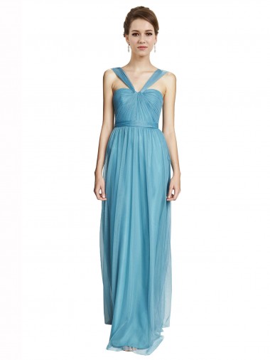 Compre Azul cielo línea A Tirantes espagueti Halter Cuello en V Tul Largo Vestidos de dama de honor
