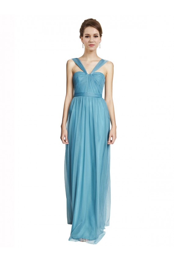 Compre Azul cielo línea A Tirantes espagueti Halter Cuello en V Tul Largo Vestidos de dama de honor