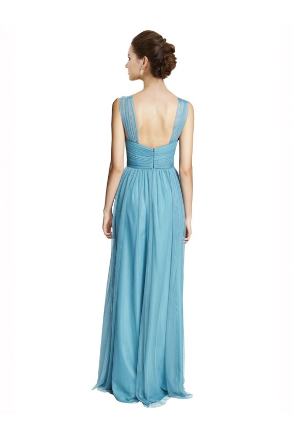 Compre Azul cielo línea A Tirantes espagueti Halter Cuello en V Tul Largo Vestidos de dama de honor