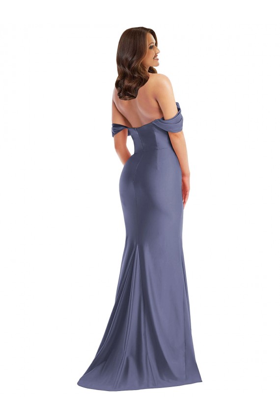 Compre Azul francés Sirena Hombros Descubiertos Satén sedoso Largo Formales Vestidos de dama de honor / Vestidos de fiesta