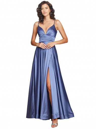 Compre Azul francés línea A Tirantes espagueti Satén sedoso Largo Formales Vestidos de dama de honor / Vestidos de fiesta
