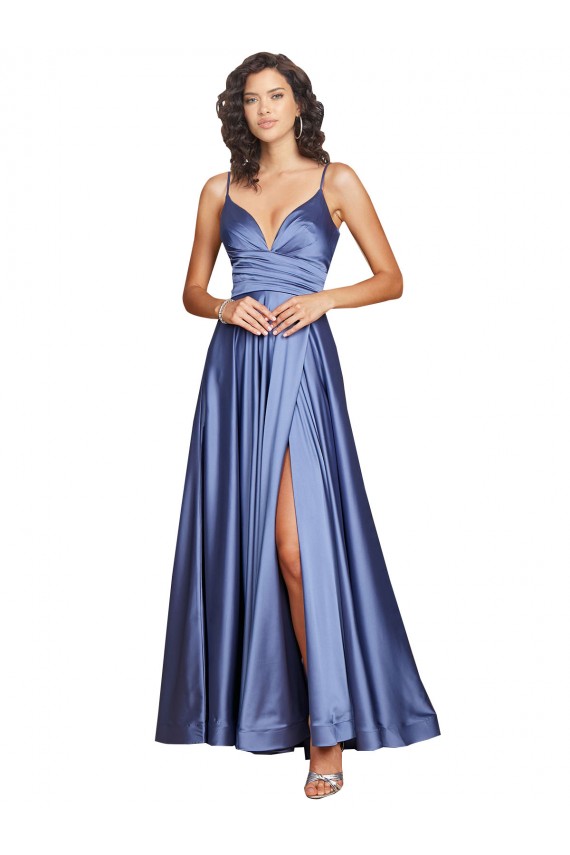 Compre Azul francés línea A Tirantes espagueti Satén sedoso Largo Formales Vestidos de dama de honor / Vestidos de fiesta