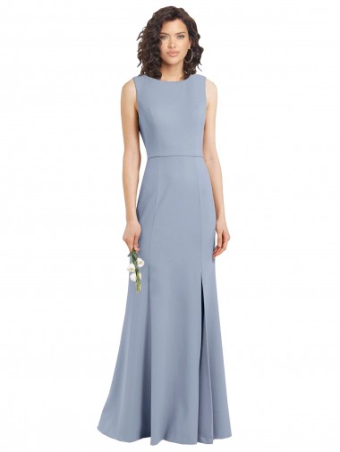 Compre Azul humo Cubierta Cuello Barco Cuello Alto Crepé Elástico Largo Vestidos de dama de honor