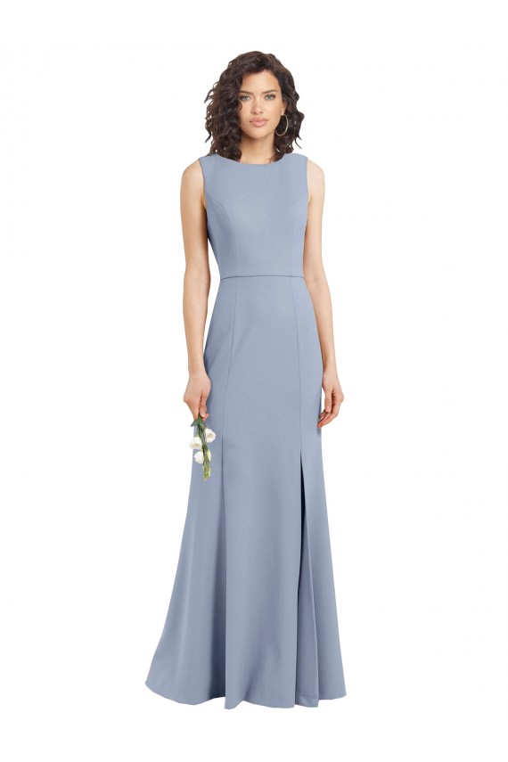 Compre Azul humo Cubierta Cuello Barco Cuello Alto Crepé Elástico Largo Vestidos de dama de honor