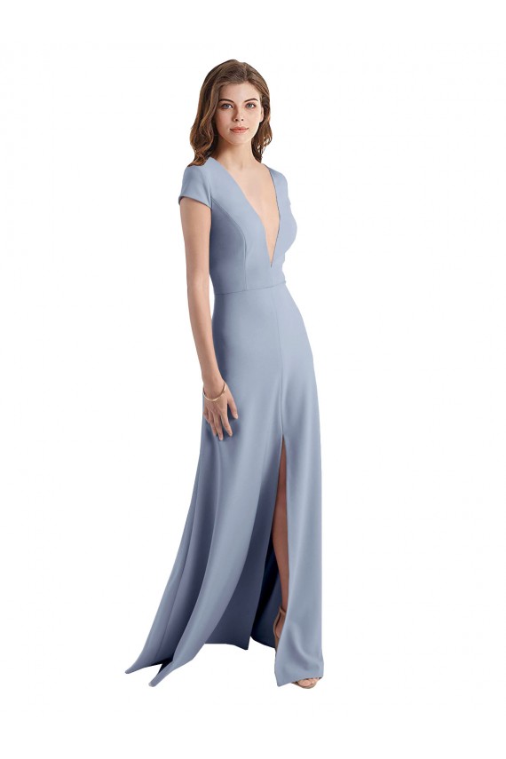 Compre Azul humo Cubierta Cuello en V Cuello Alto Crepé Elástico Largo Vestidos de dama de honor / Vestidos de fiesta